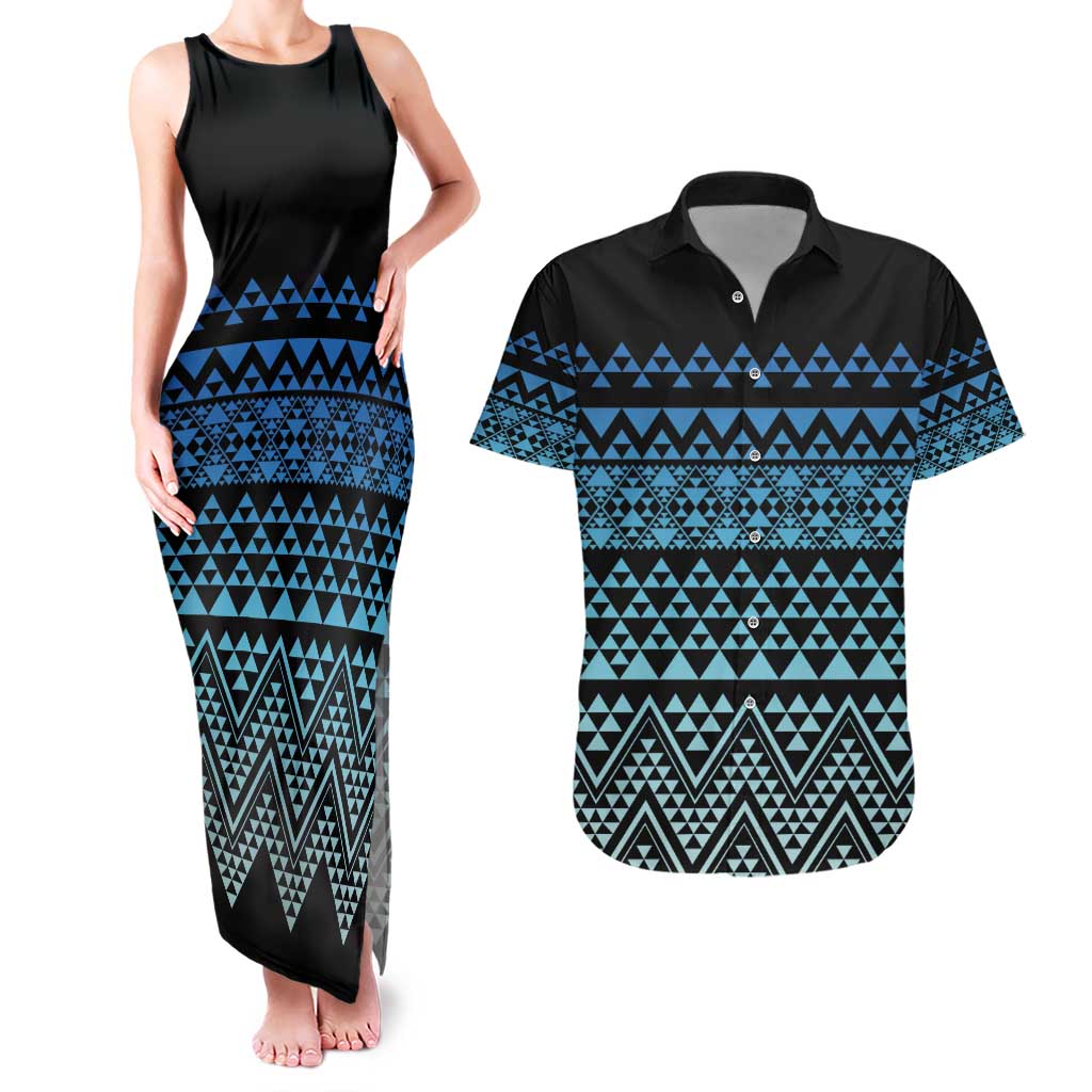 Maori Niho Taniwha Te Wheiao Couples Matching Tank Maxi Dress and Hawaiian Shirt Moana Blue - Polynesian Pride