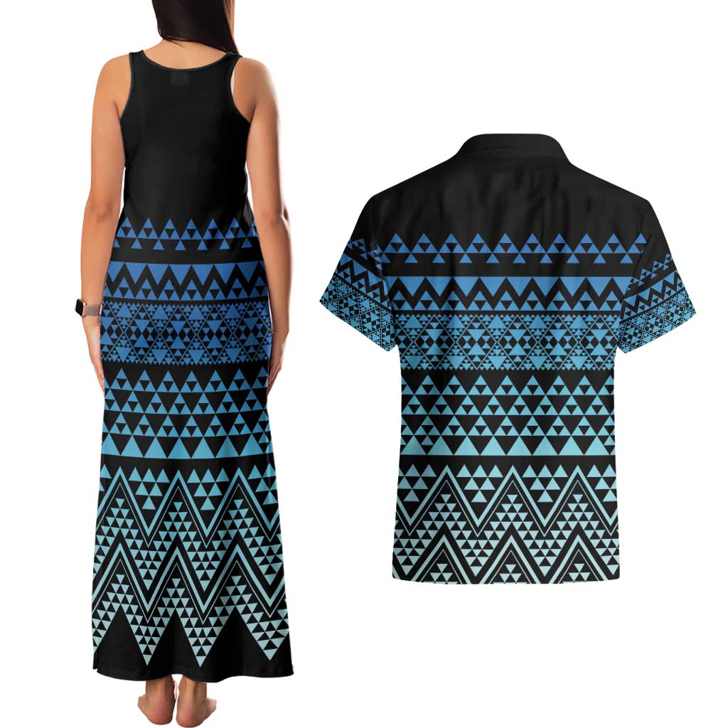 Maori Niho Taniwha Te Wheiao Couples Matching Tank Maxi Dress and Hawaiian Shirt Moana Blue - Polynesian Pride