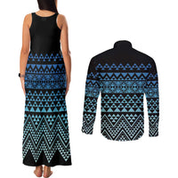 Maori Niho Taniwha Te Wheiao Couples Matching Tank Maxi Dress and Long Sleeve Button Shirt Moana Blue - Polynesian Pride