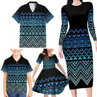 Maori Niho Taniwha Te Wheiao Family Matching Long Sleeve Bodycon Dress and Hawaiian Shirt Moana Blue - Polynesian Pride