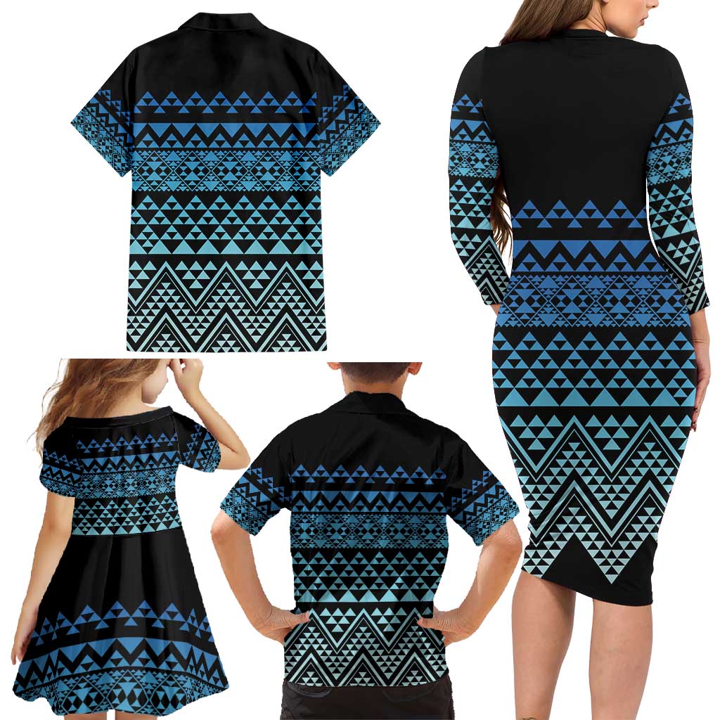 Maori Niho Taniwha Te Wheiao Family Matching Long Sleeve Bodycon Dress and Hawaiian Shirt Moana Blue - Polynesian Pride