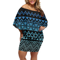 Maori Niho Taniwha Te Wheiao Family Matching Off Shoulder Short Dress and Hawaiian Shirt Moana Blue - Polynesian Pride