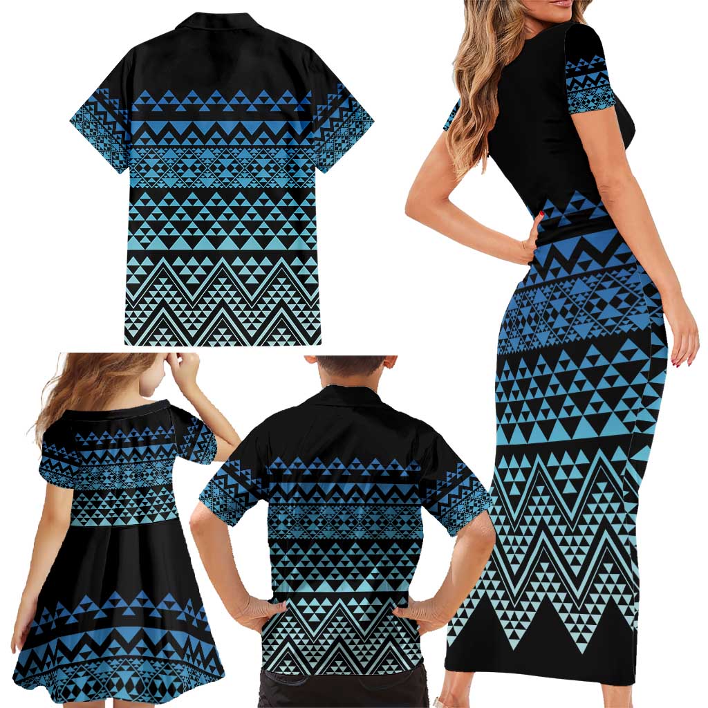 Maori Niho Taniwha Te Wheiao Family Matching Short Sleeve Bodycon Dress and Hawaiian Shirt Moana Blue - Polynesian Pride