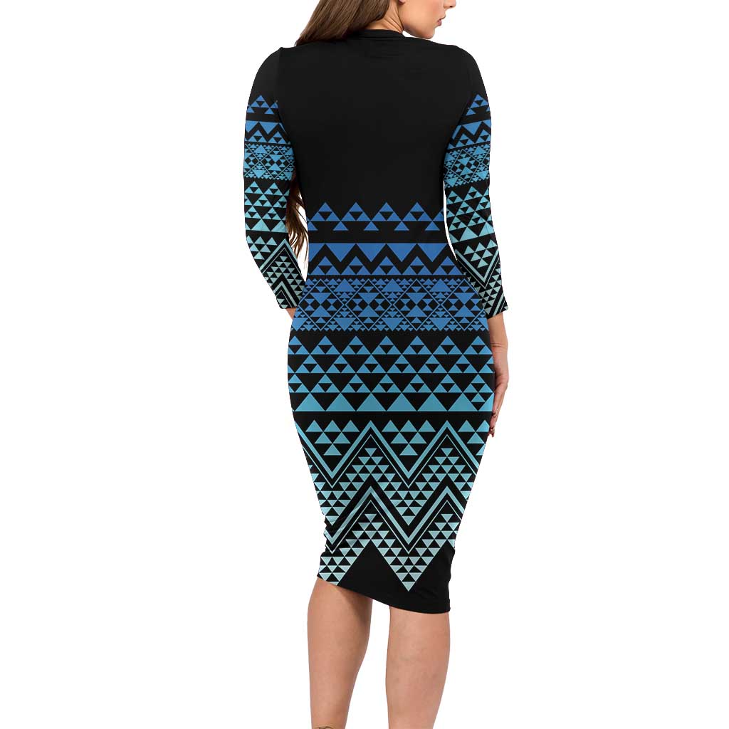 Maori Niho Taniwha Te Wheiao Long Sleeve Bodycon Dress Moana Blue - Polynesian Pride