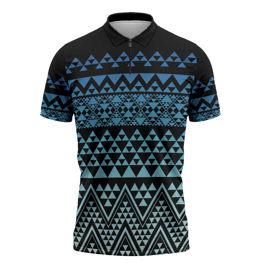 Maori Niho Taniwha Te Wheiao Zipper Polo Shirt Moana Blue - Polynesian Pride