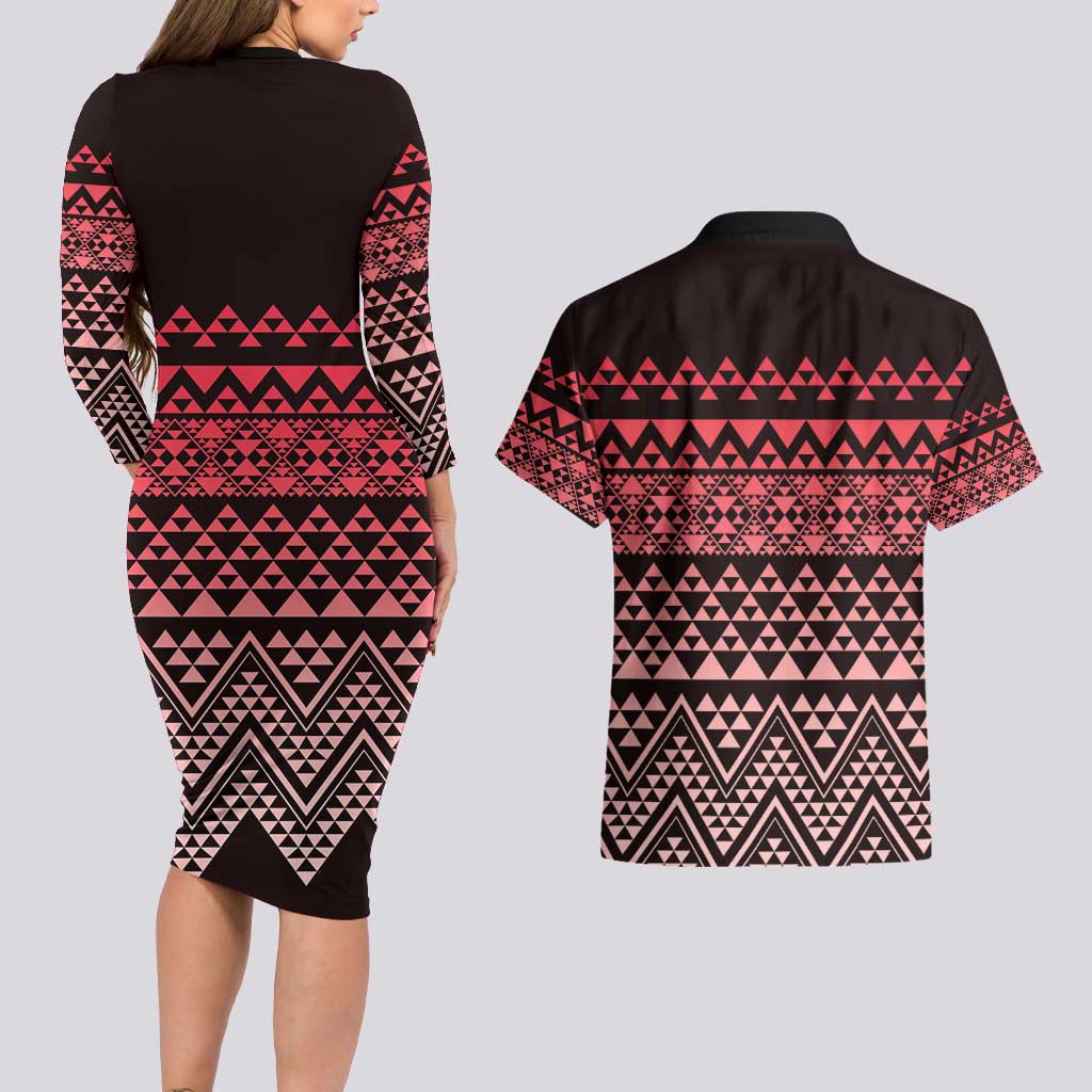 Maori Niho Taniwha Te Wheiao Couples Matching Long Sleeve Bodycon Dress and Hawaiian Shirt Terracotta - Polynesian Pride