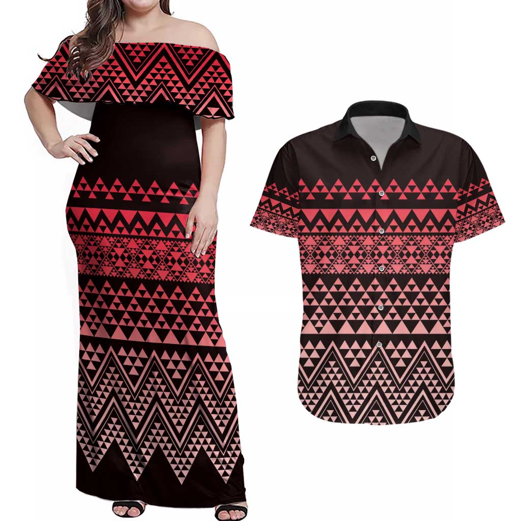 Maori Niho Taniwha Te Wheiao Couples Matching Off Shoulder Maxi Dress and Hawaiian Shirt Terracotta - Polynesian Pride