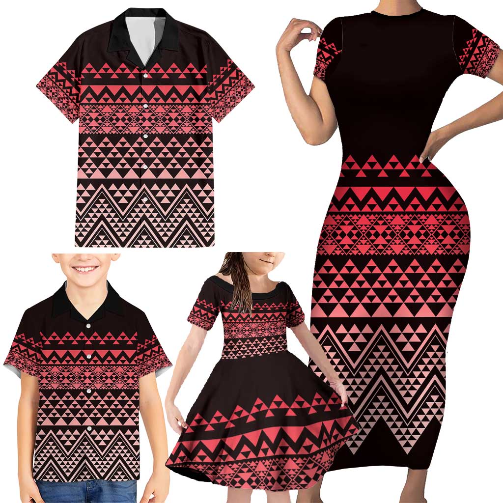 Maori Niho Taniwha Te Wheiao Family Matching Short Sleeve Bodycon Dress and Hawaiian Shirt Terracotta - Polynesian Pride