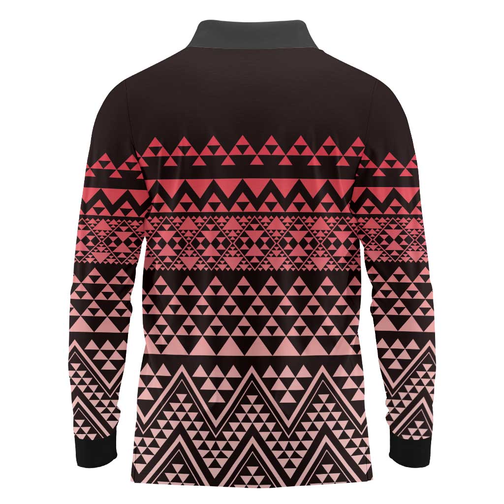 Maori Niho Taniwha Te Wheiao Long Sleeve Polo Shirt Terracotta - Polynesian Pride