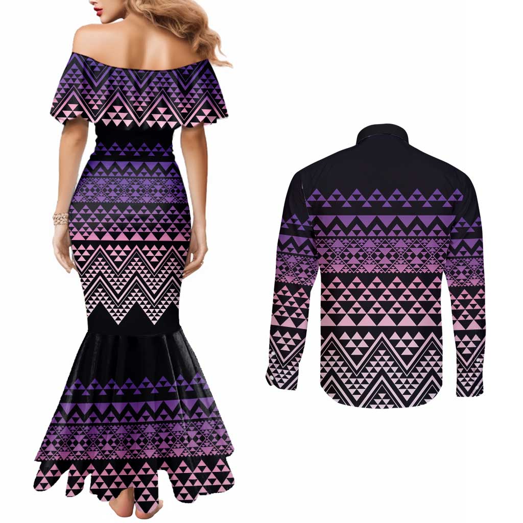 Maori Niho Taniwha Te Wheiao Couples Matching Mermaid Dress and Long Sleeve Button Shirt Waiporoporo - Polynesian Pride