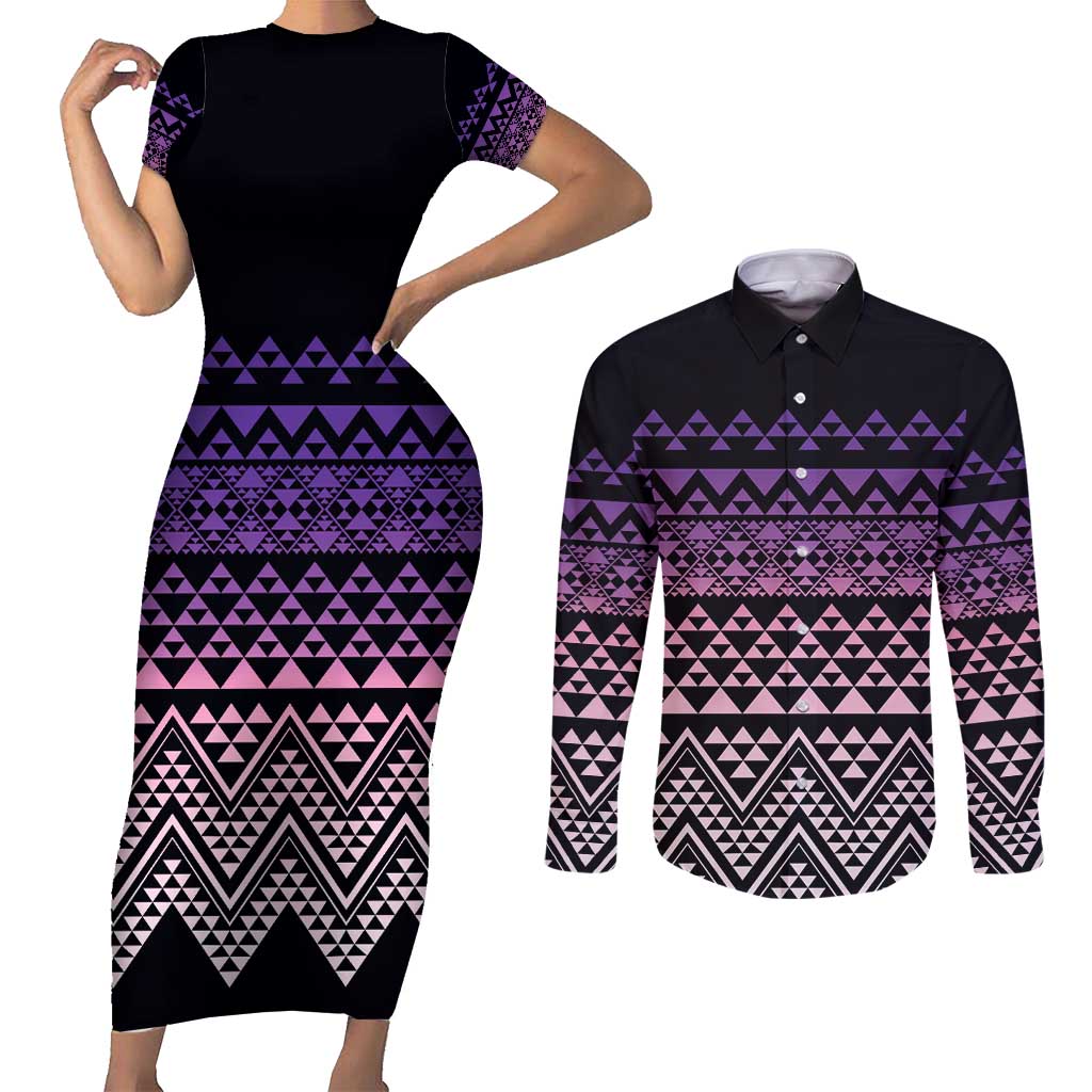 Maori Niho Taniwha Te Wheiao Couples Matching Short Sleeve Bodycon Dress and Long Sleeve Button Shirt Waiporoporo - Polynesian Pride