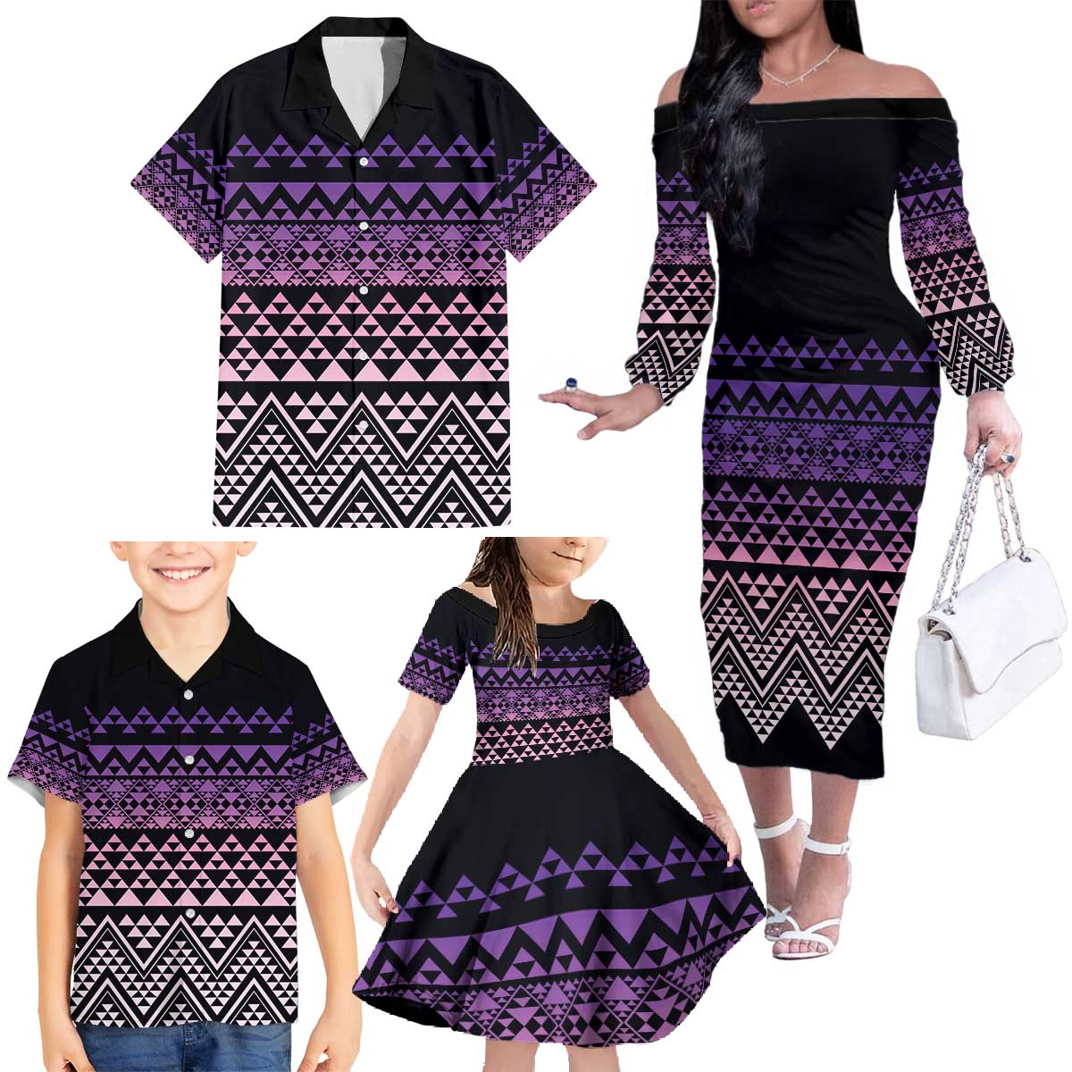 Maori Niho Taniwha Te Wheiao Family Matching Off The Shoulder Long Sleeve Dress and Hawaiian Shirt Waiporoporo - Polynesian Pride