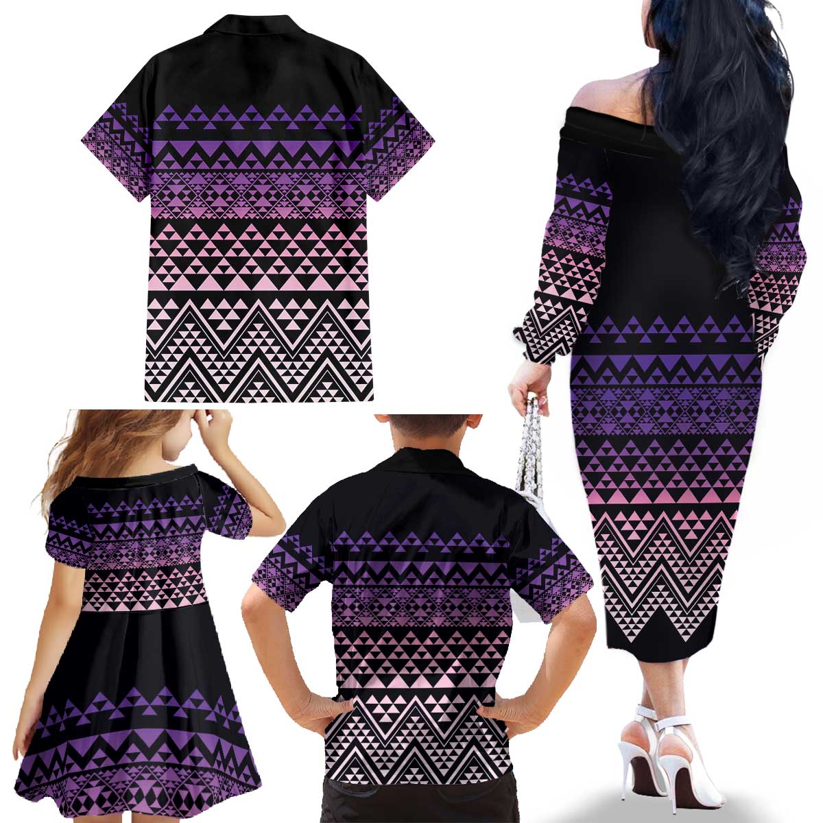 Maori Niho Taniwha Te Wheiao Family Matching Off The Shoulder Long Sleeve Dress and Hawaiian Shirt Waiporoporo - Polynesian Pride