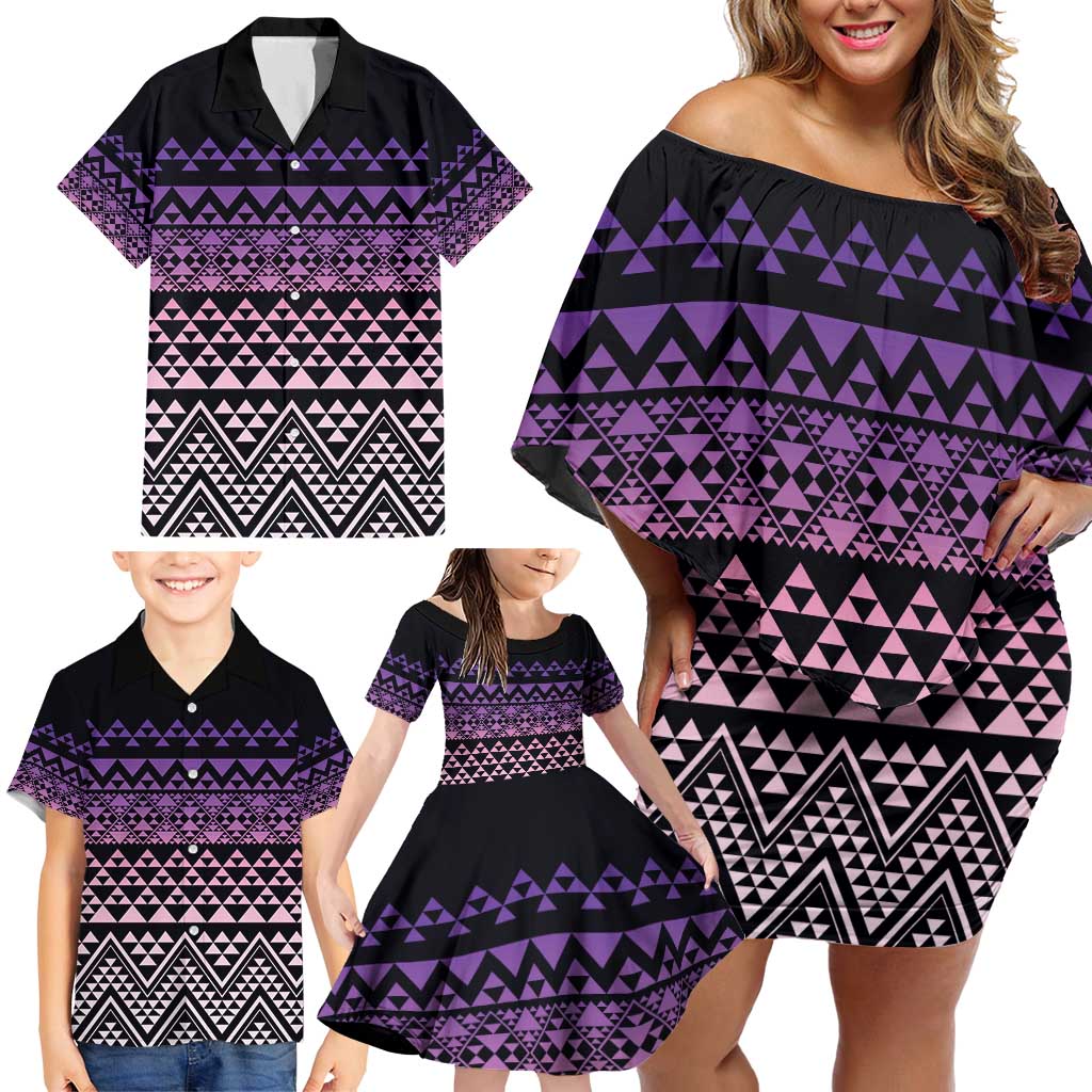 Maori Niho Taniwha Te Wheiao Family Matching Off Shoulder Short Dress and Hawaiian Shirt Waiporoporo - Polynesian Pride