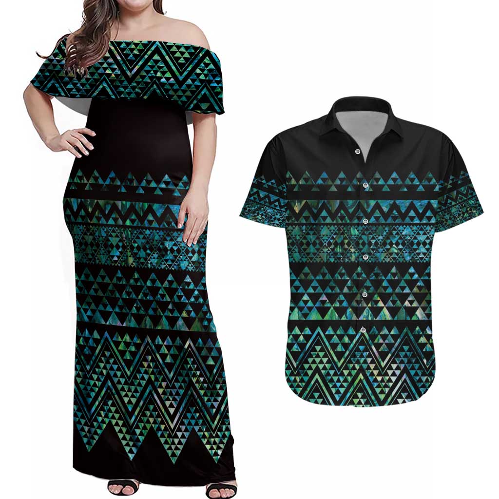 Maori Niho Taniwha Te Wheiao Couples Matching Off Shoulder Maxi Dress and Hawaiian Shirt Paua Shell - Polynesian Pride