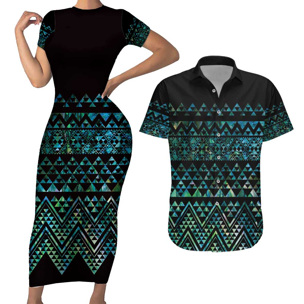 Maori Niho Taniwha Te Wheiao Couples Matching Short Sleeve Bodycon Dress and Hawaiian Shirt Paua Shell - Polynesian Pride