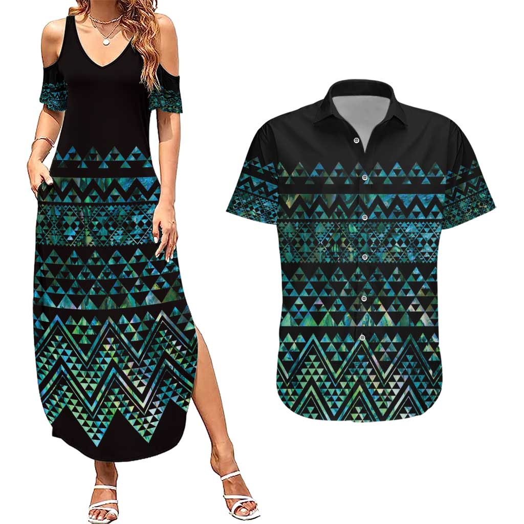 Maori Niho Taniwha Te Wheiao Couples Matching Summer Maxi Dress and Hawaiian Shirt Paua Shell - Polynesian Pride
