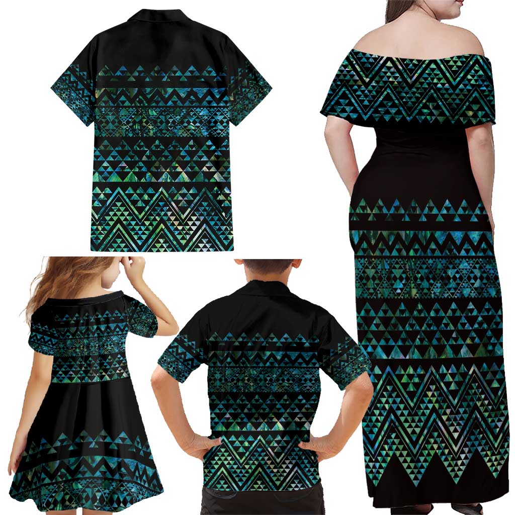 Maori Niho Taniwha Te Wheiao Family Matching Off Shoulder Maxi Dress and Hawaiian Shirt Paua Shell - Polynesian Pride