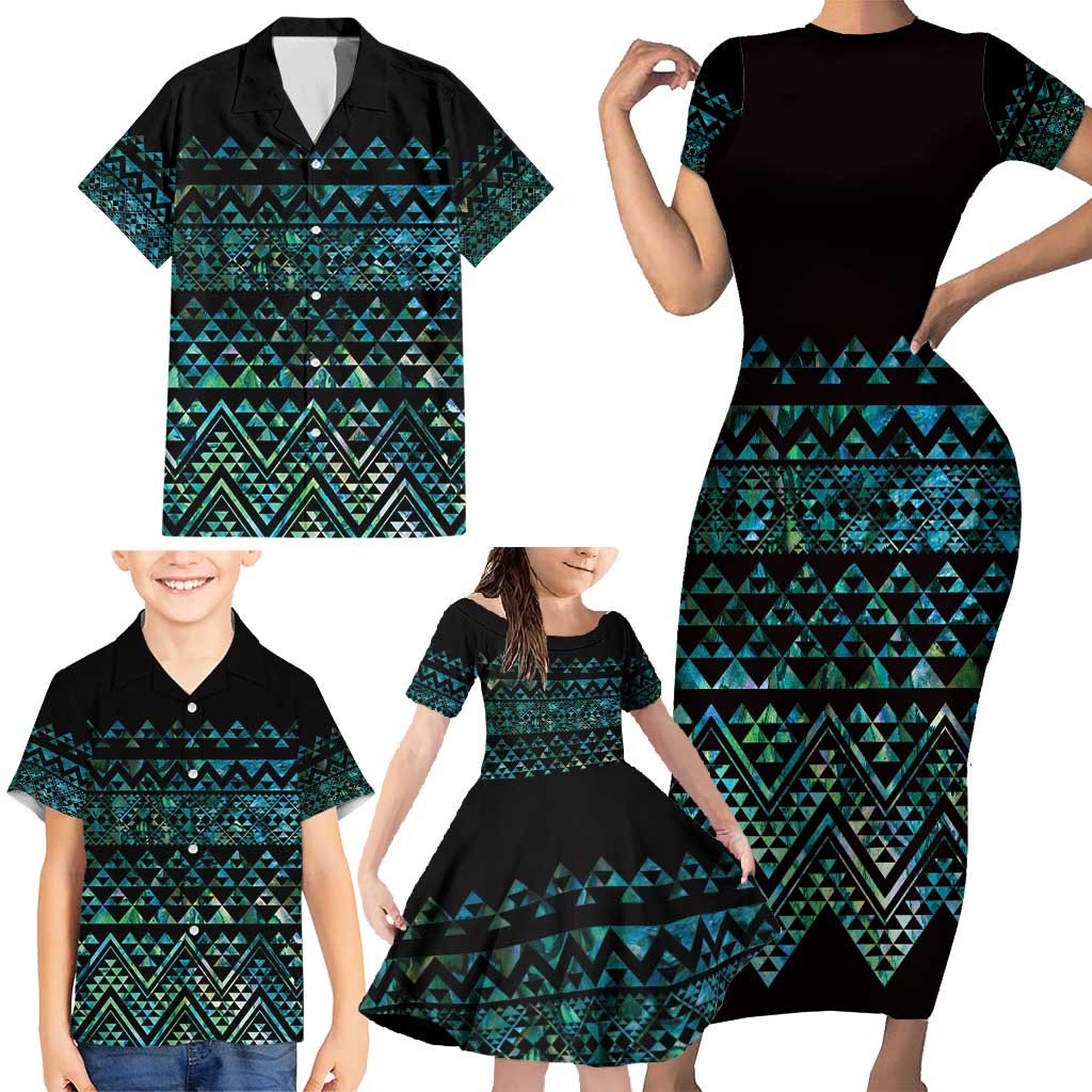 Maori Niho Taniwha Te Wheiao Family Matching Short Sleeve Bodycon Dress and Hawaiian Shirt Paua Shell - Polynesian Pride