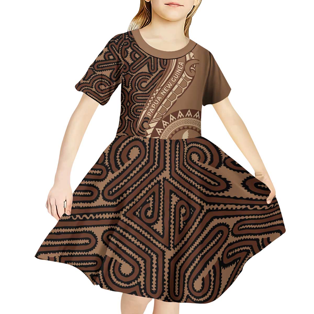 Papua New Guinea Oro Tapa Motif Kid Short Sleeve Dress Classic LT7 - Polynesian Pride