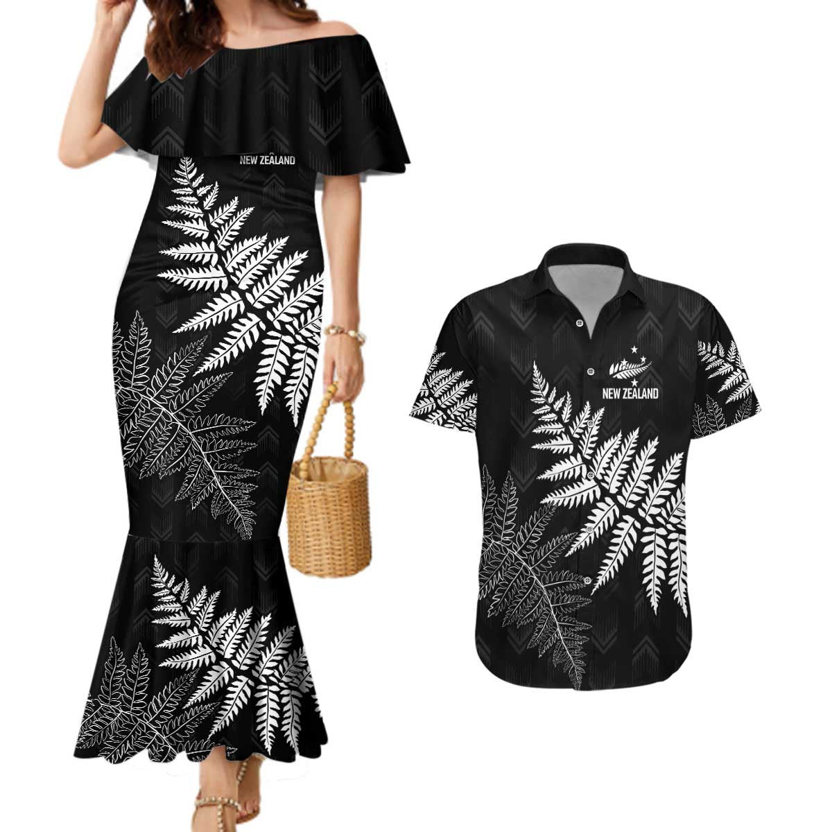 New Zealand Lawn Bowls Personalized Couples Matching Mermaid Dress and Hawaiian Shirt Wrap-Around Silver Fern - Polynesian Pride