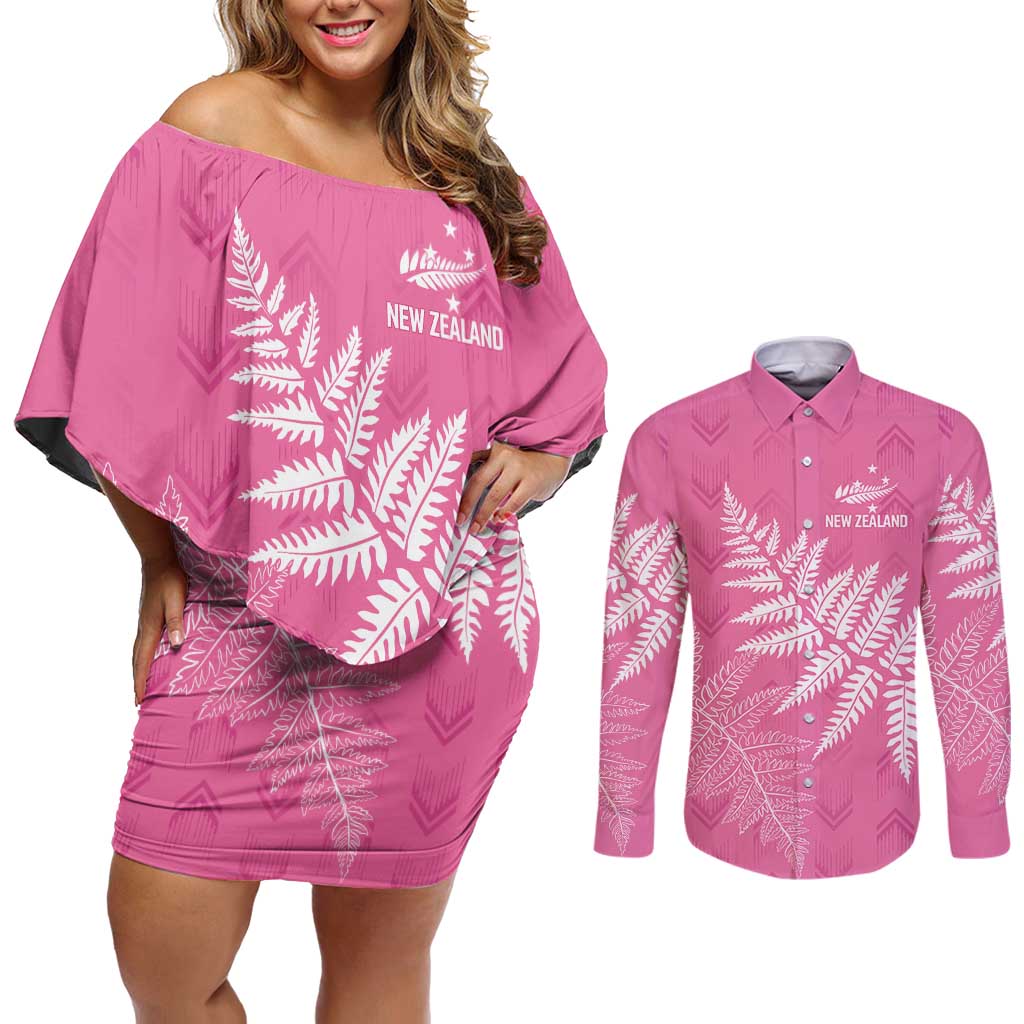 New Zealand Lawn Bowls Breast Cancer Personalized Couples Matching Off Shoulder Short Dress and Long Sleeve Button Shirt Wrap-Around Silver Fern - Polynesian Pride