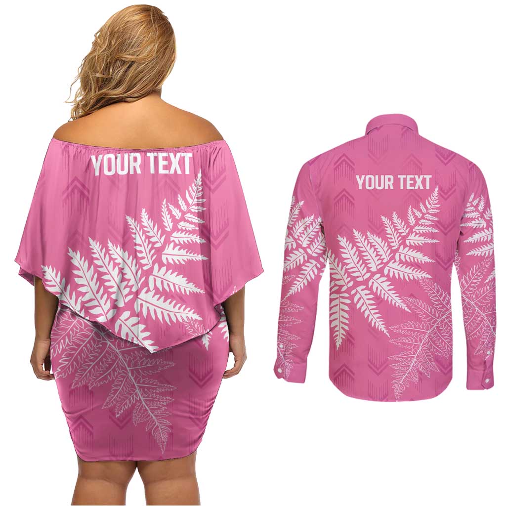 New Zealand Lawn Bowls Breast Cancer Personalized Couples Matching Off Shoulder Short Dress and Long Sleeve Button Shirt Wrap-Around Silver Fern - Polynesian Pride