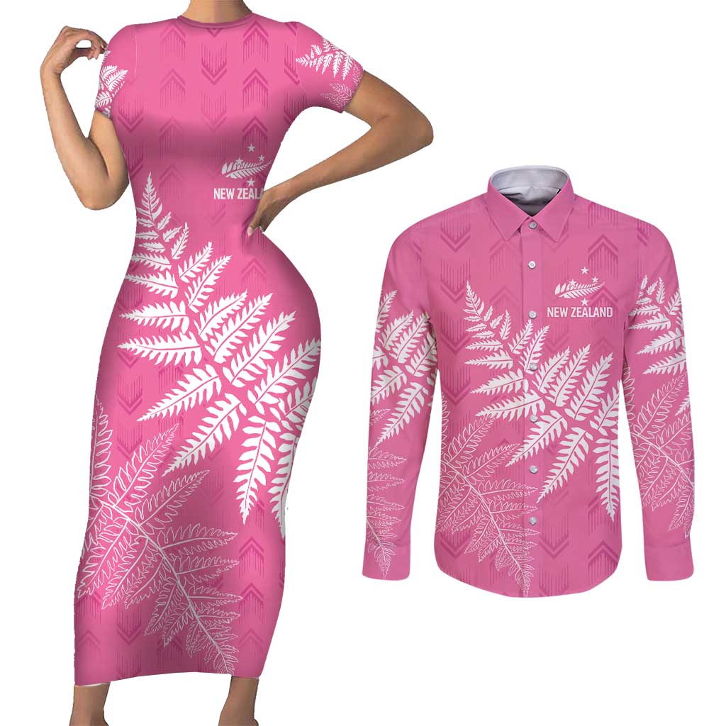 New Zealand Lawn Bowls Breast Cancer Personalized Couples Matching Short Sleeve Bodycon Dress and Long Sleeve Button Shirt Wrap-Around Silver Fern - Polynesian Pride