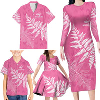 New Zealand Lawn Bowls Breast Cancer Personalized Family Matching Long Sleeve Bodycon Dress and Hawaiian Shirt Wrap-Around Silver Fern - Polynesian Pride