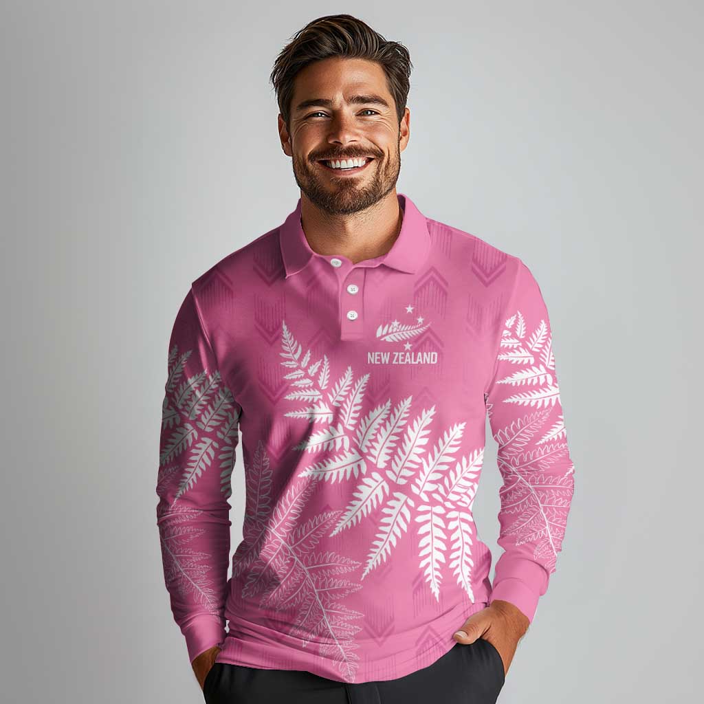 New Zealand Lawn Bowls Breast Cancer Personalized Long Sleeve Polo Shirt Wrap-Around Silver Fern - Polynesian Pride