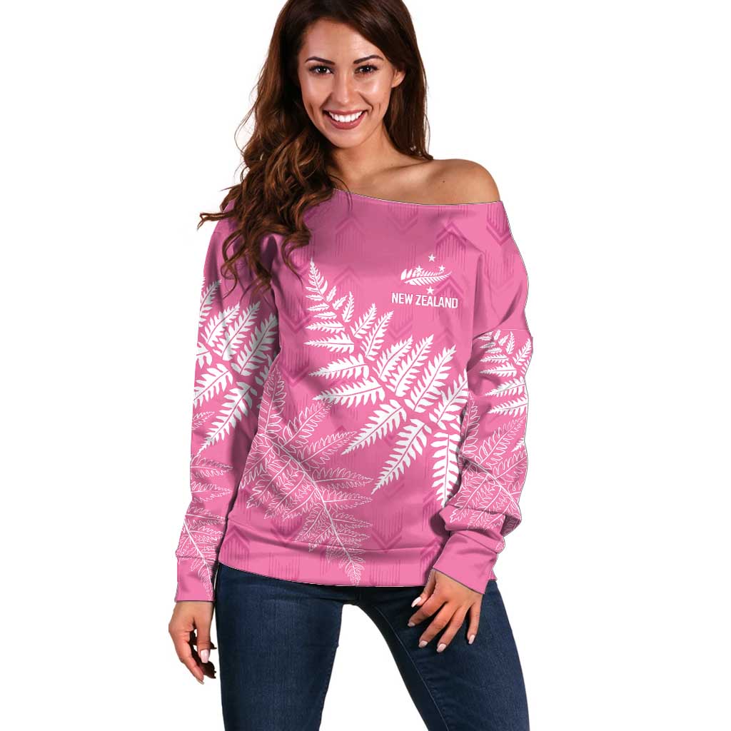 New Zealand Lawn Bowls Breast Cancer Personalized Off Shoulder Sweater Wrap-Around Silver Fern - Polynesian Pride