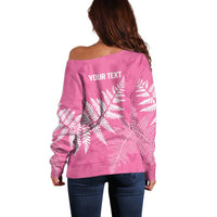New Zealand Lawn Bowls Breast Cancer Personalized Off Shoulder Sweater Wrap-Around Silver Fern - Polynesian Pride