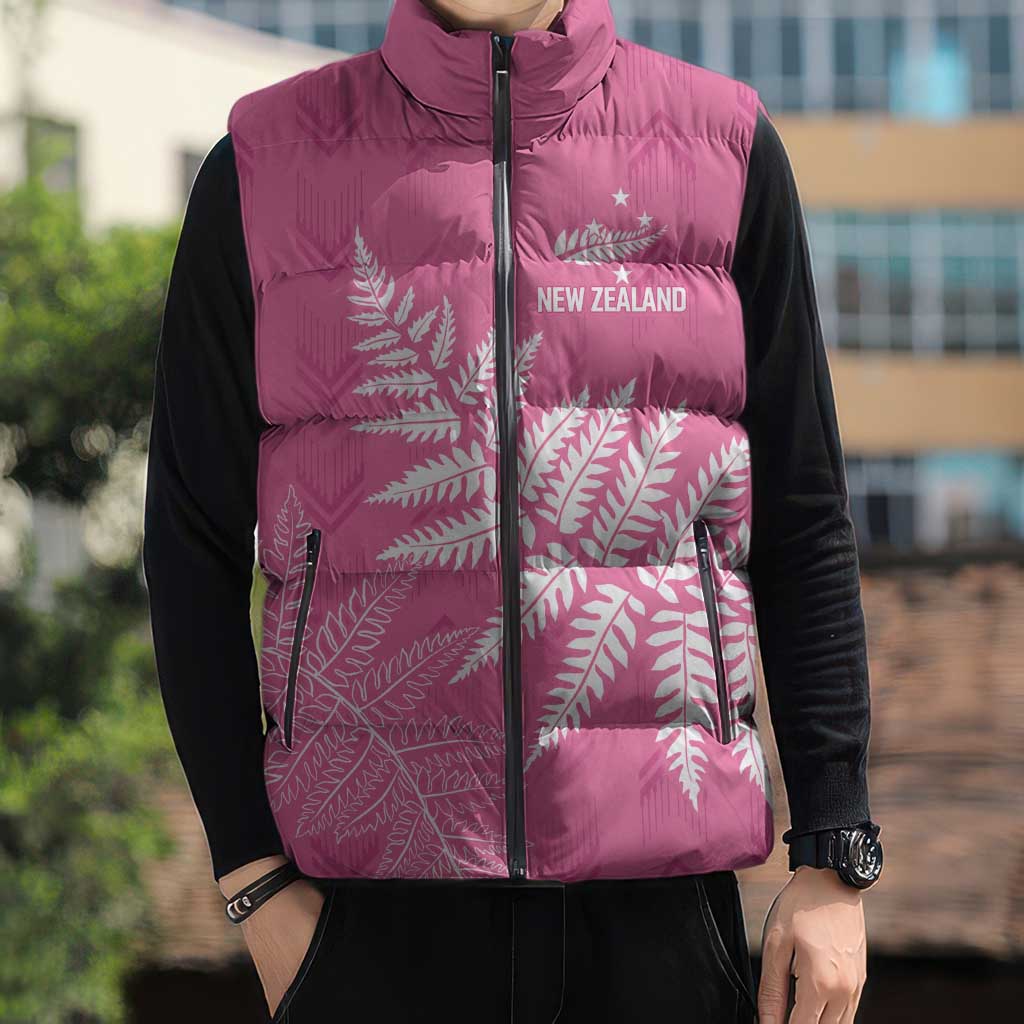 New Zealand Lawn Bowls Breast Cancer Personalized Sleeveless Puffer Jacket Wrap-Around Silver Fern - Polynesian Pride