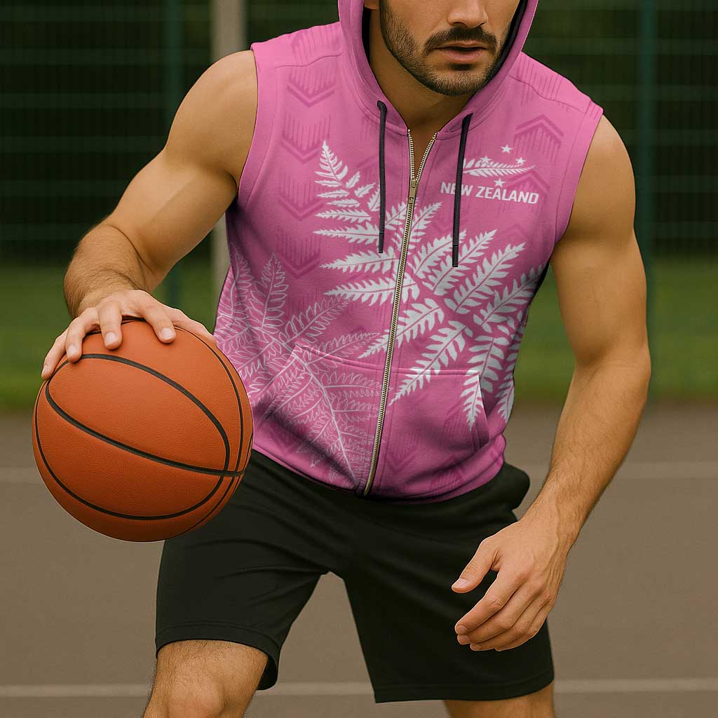 New Zealand Lawn Bowls Breast Cancer Personalized Sleeveless Zip Hoodie Wrap-Around Silver Fern - Polynesian Pride
