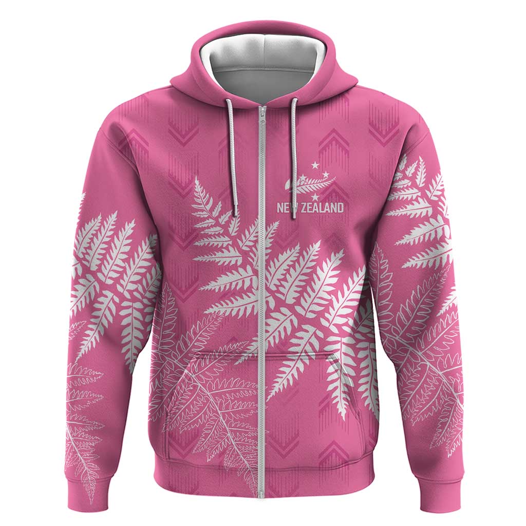 New Zealand Lawn Bowls Breast Cancer Personalized Zip Hoodie Wrap-Around Silver Fern - Polynesian Pride