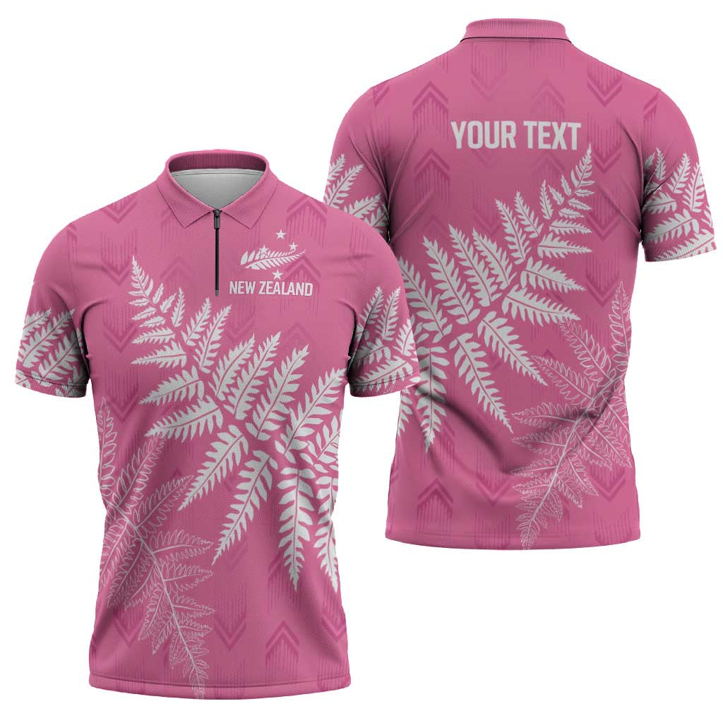 New Zealand Lawn Bowls Breast Cancer Personalized Zipper Polo Shirt Wrap-Around Silver Fern - Polynesian Pride
