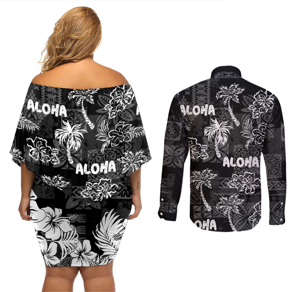 Aloha Vintage Quilt Couples Matching Off Shoulder Short Dress and Long Sleeve Button Shirt Hawaiian Seamless - Black LT7 - Polynesian Pride