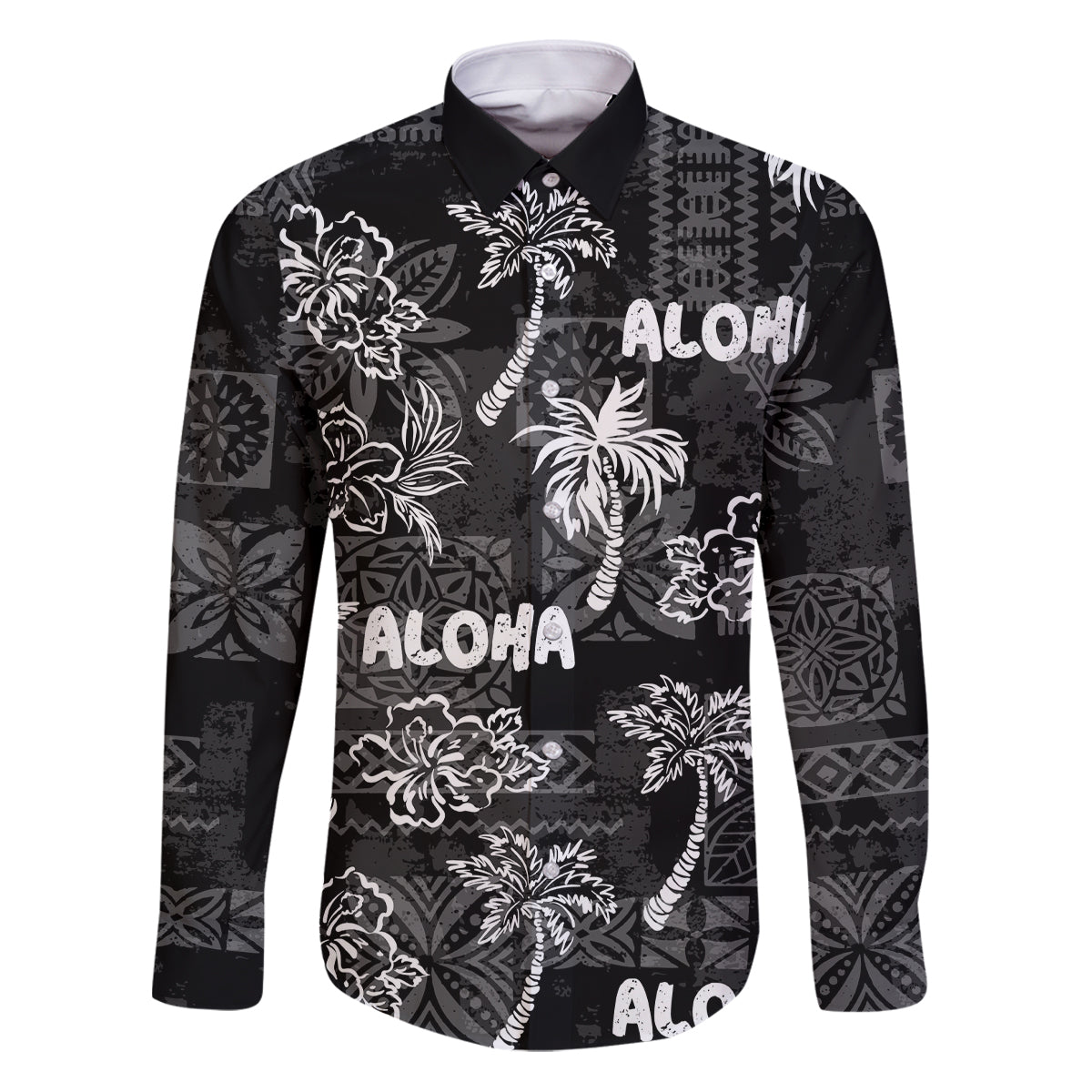 Aloha Vintage Quilt Family Matching Puletasi Dress and Hawaiian Shirt Hawaiian Seamless - Black LT7 Dad's Shirt - Long Sleeve Black - Polynesian Pride