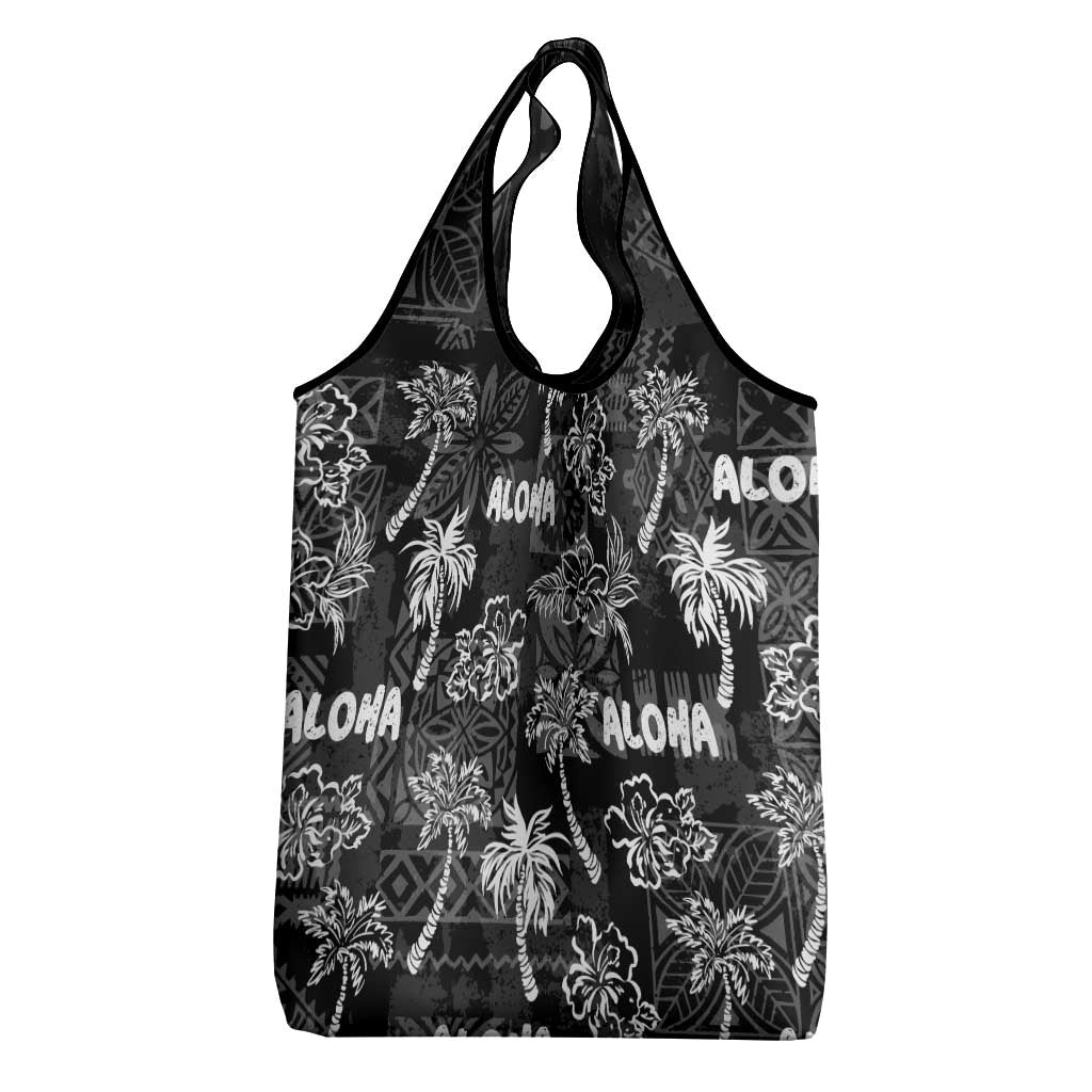 Aloha Vintage Quilt Grocery Bag Hawaiian Seamless - Black