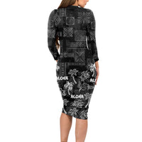 Aloha Vintage Quilt Long Sleeve Bodycon Dress Hawaiian Seamless - Black LT7 - Polynesian Pride