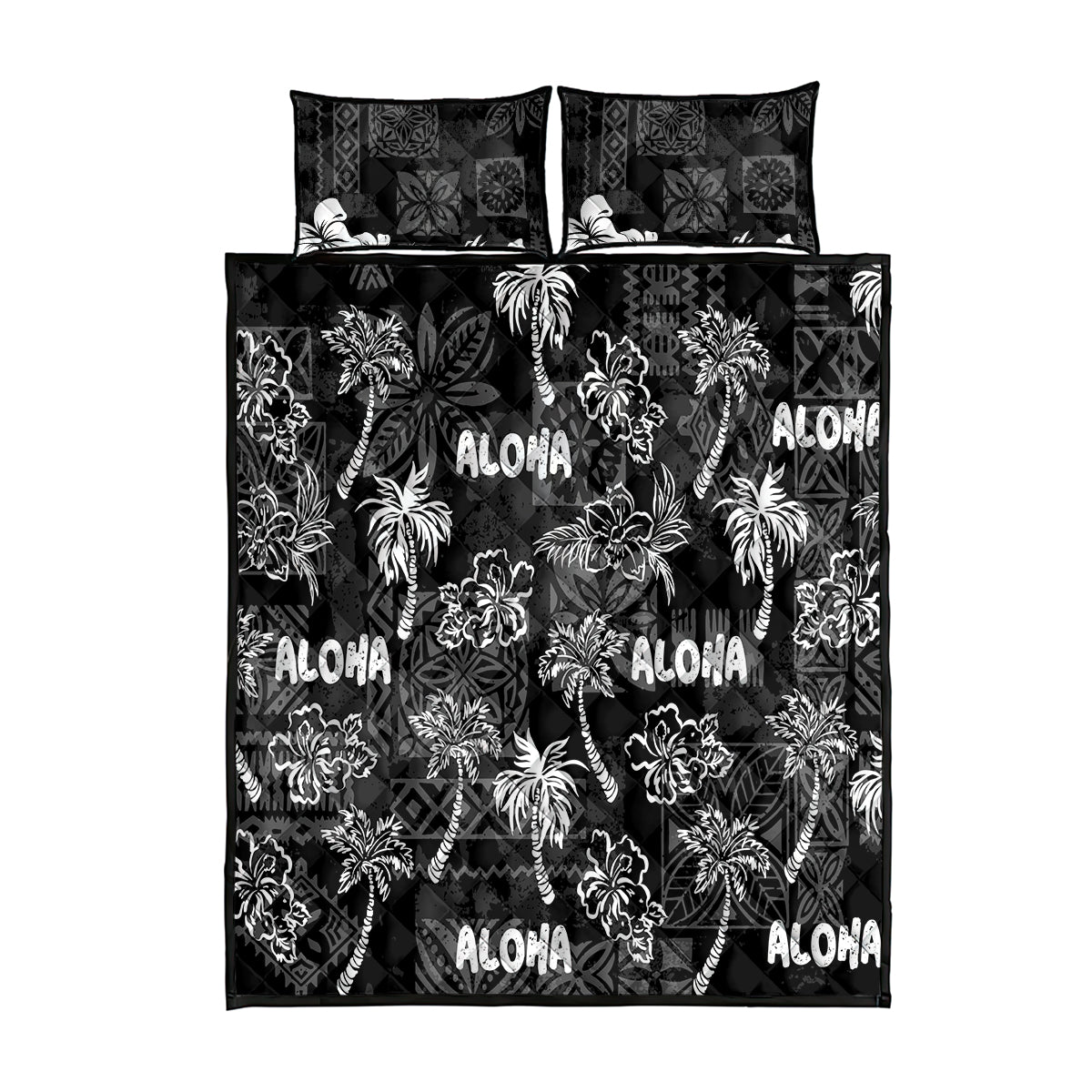 Aloha Vintage Quilt Quilt Bed Set Hawaiian Seamless - Black LT7 Black - Polynesian Pride