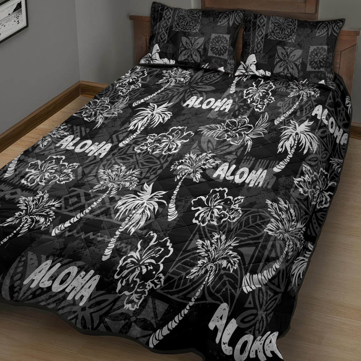 Aloha Vintage Quilt Quilt Bed Set Hawaiian Seamless - Black LT7 - Polynesian Pride