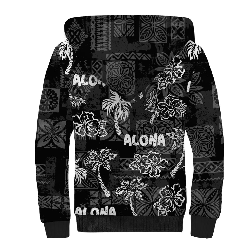 Aloha Vintage Quilt Sherpa Hoodie Hawaiian Seamless - Black LT7 - Polynesian Pride