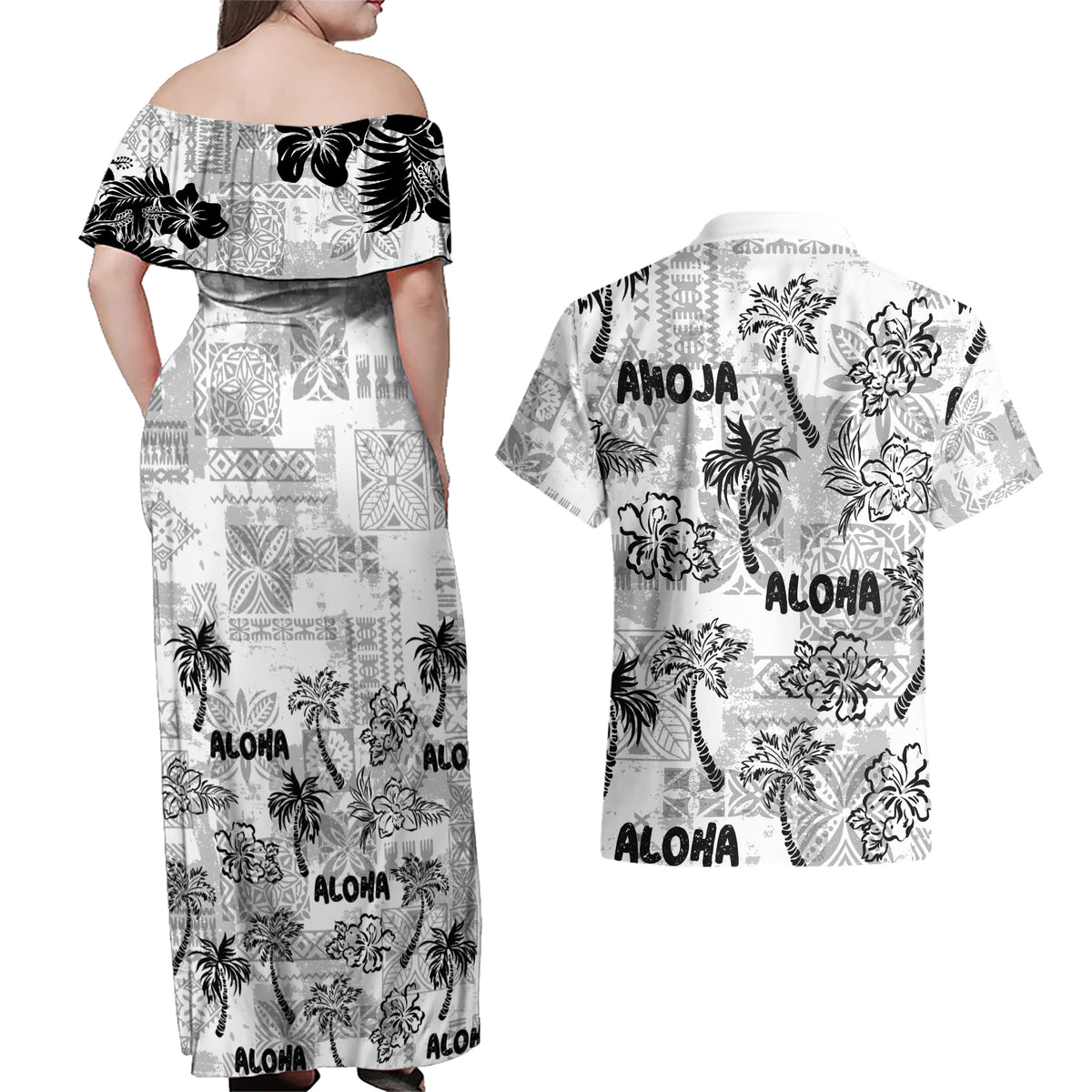 Aloha Vintage Quilt Couples Matching Off Shoulder Maxi Dress and Hawaiian Shirt Hawaiian Seamless - White LT7 - Polynesian Pride