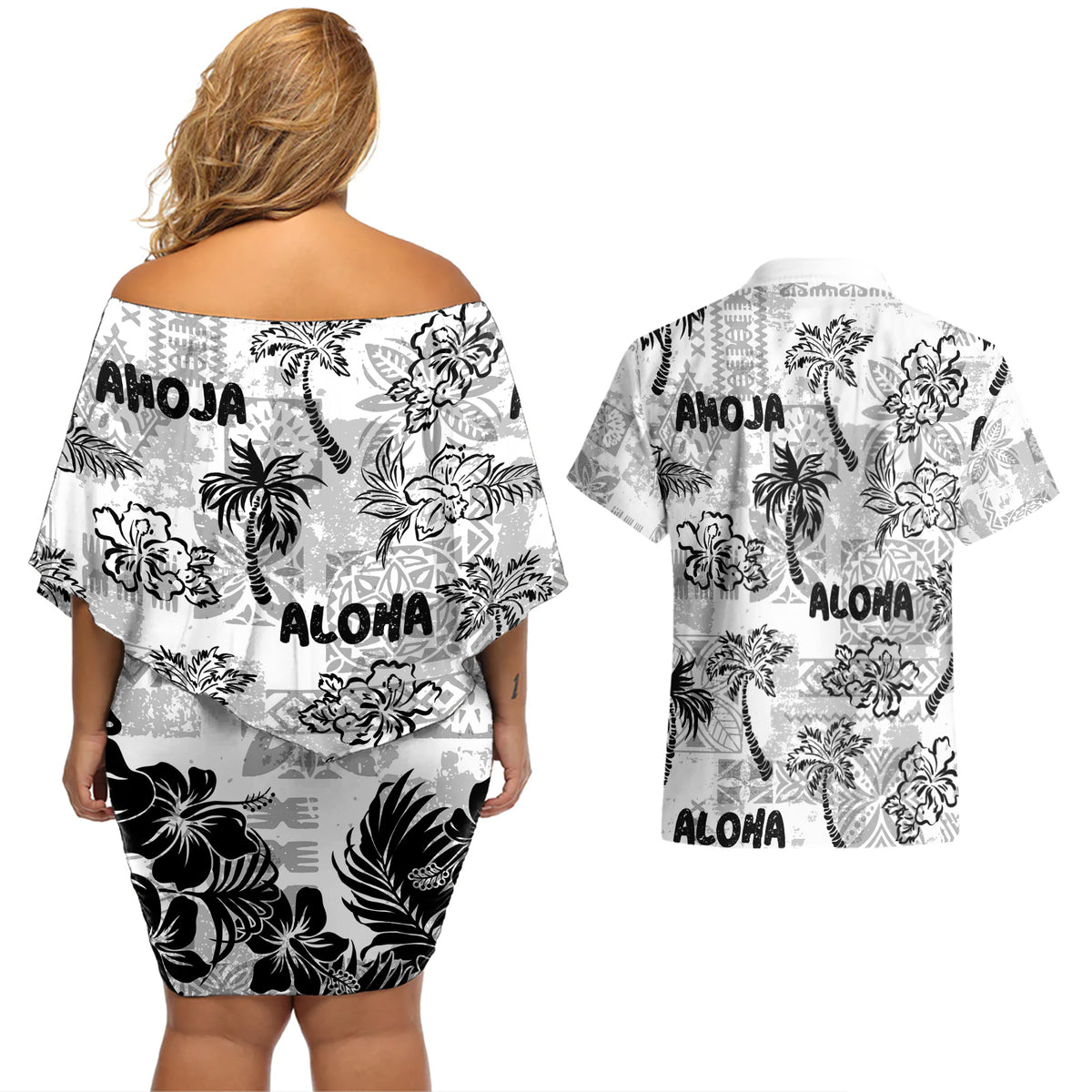Aloha Vintage Quilt Couples Matching Off Shoulder Short Dress and Hawaiian Shirt Hawaiian Seamless - White LT7 - Polynesian Pride