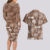 Aloha Vintage Quilt Couples Matching Long Sleeve Bodycon Dress and Hawaiian Shirt Hawaiian Seamless - Brown LT7 - Polynesian Pride