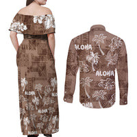 Aloha Vintage Quilt Couples Matching Off Shoulder Maxi Dress and Long Sleeve Button Shirt Hawaiian Seamless - Brown LT7 - Polynesian Pride