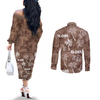 Aloha Vintage Quilt Couples Matching Off The Shoulder Long Sleeve Dress and Long Sleeve Button Shirt Hawaiian Seamless - Brown LT7 - Polynesian Pride