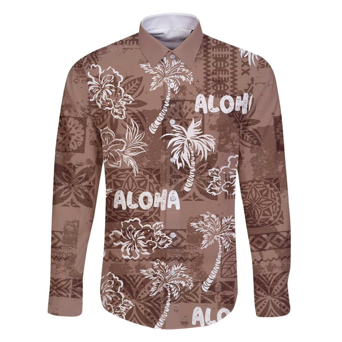 Aloha Vintage Quilt Family Matching Long Sleeve Bodycon Dress and Hawaiian Shirt Hawaiian Seamless - Brown LT7 Dad's Shirt - Long Sleeve Brown - Polynesian Pride