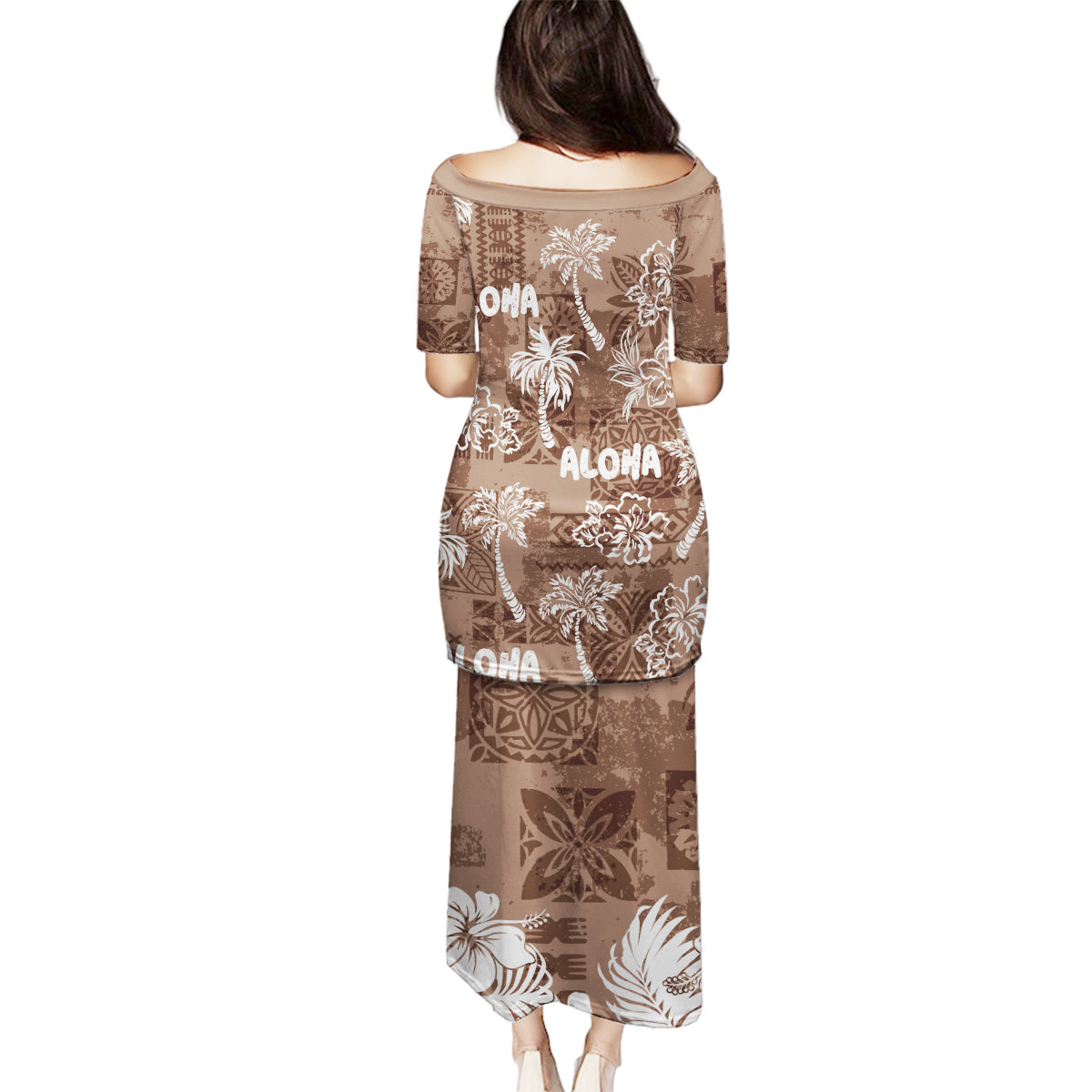 Aloha Vintage Quilt Family Matching Puletasi Dress and Hawaiian Shirt Hawaiian Seamless - Brown LT7 - Polynesian Pride